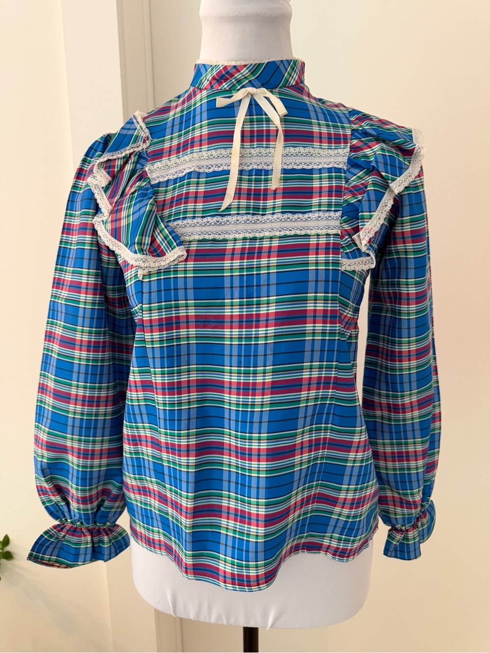 EATON Vintage High Neck Plaid Ruffle Lace Pullover Blouse Prairie Countrycore